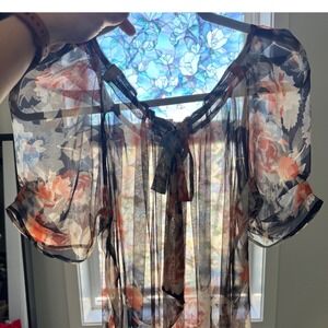 Joie 100% Silk Floral Sheer Blouse Puff Sleeve Small